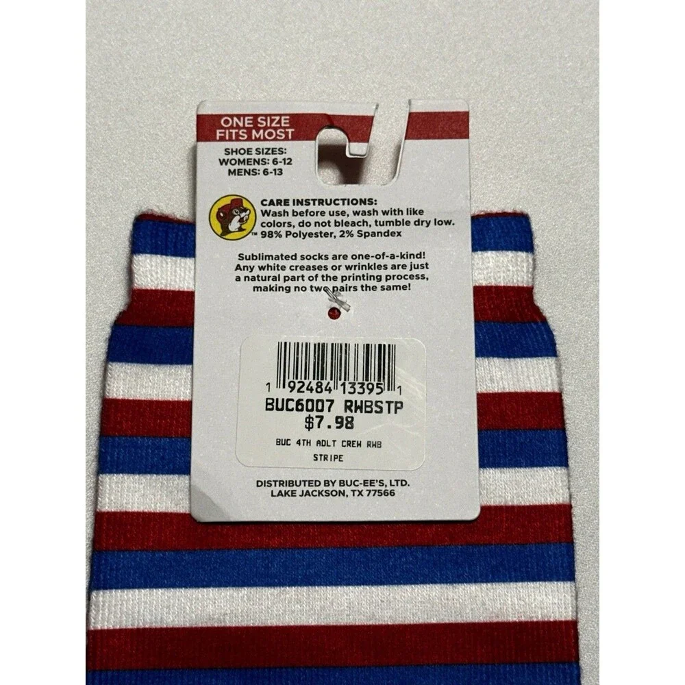 Buc-ee's Bucky Beaver Patriotic Stars Stripes Crew Socks Red White Blue USA Flag